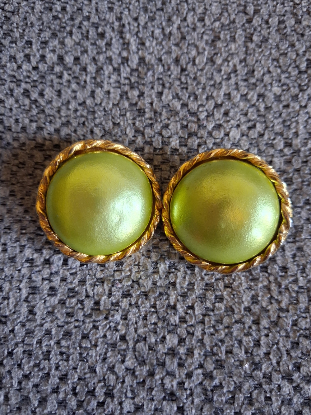 Vintage Gold-Trim Lime Green Button Earrings